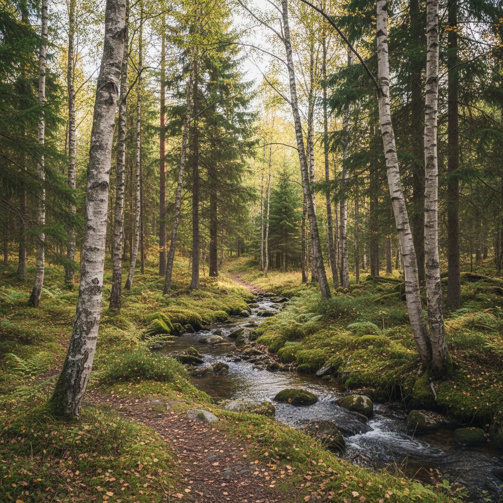 En porlande bäck rinner genom en grönskande skog med björkar och barrträd.